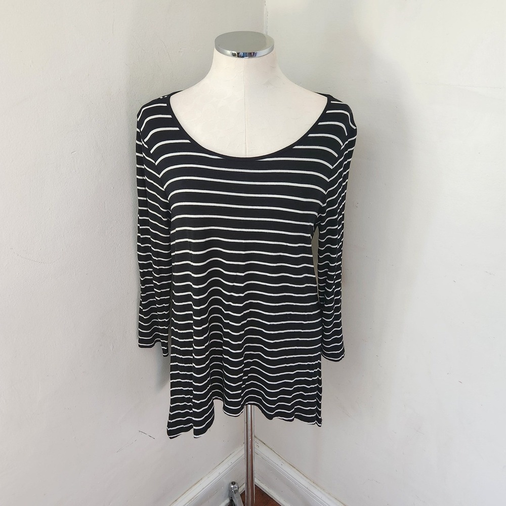 Cable & Gauge Womens Black White Striped Scoop Neck 3/4 Sleeve Top Large